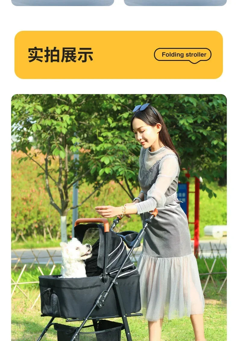 Lightweight Pet Stroller - Detachable hand carry, Breathable, with shopping basket
