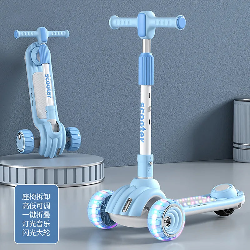 Children's Scooter Can Sit, Ride and Slide Three-in-One Foldable Scooter for Boys and Girls Kick Foot Scooter