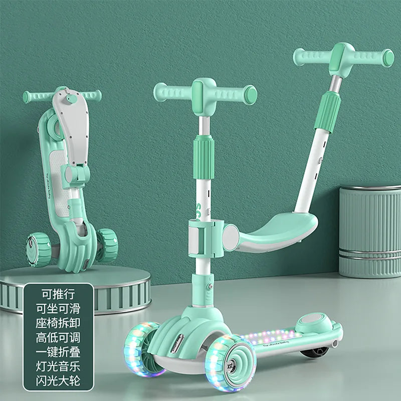 Children's Scooter Can Sit, Ride and Slide Three-in-One Foldable Scooter for Boys and Girls Kick Foot Scooter
