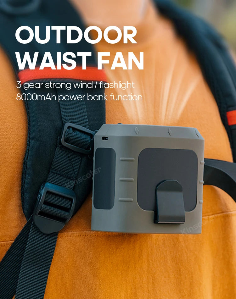 KINSCOTER Portable Outdoor Waist Fan 8000mAh LED Lighting Multifunctional Neck Fan with Power Bank for Camping Hiking Climbing