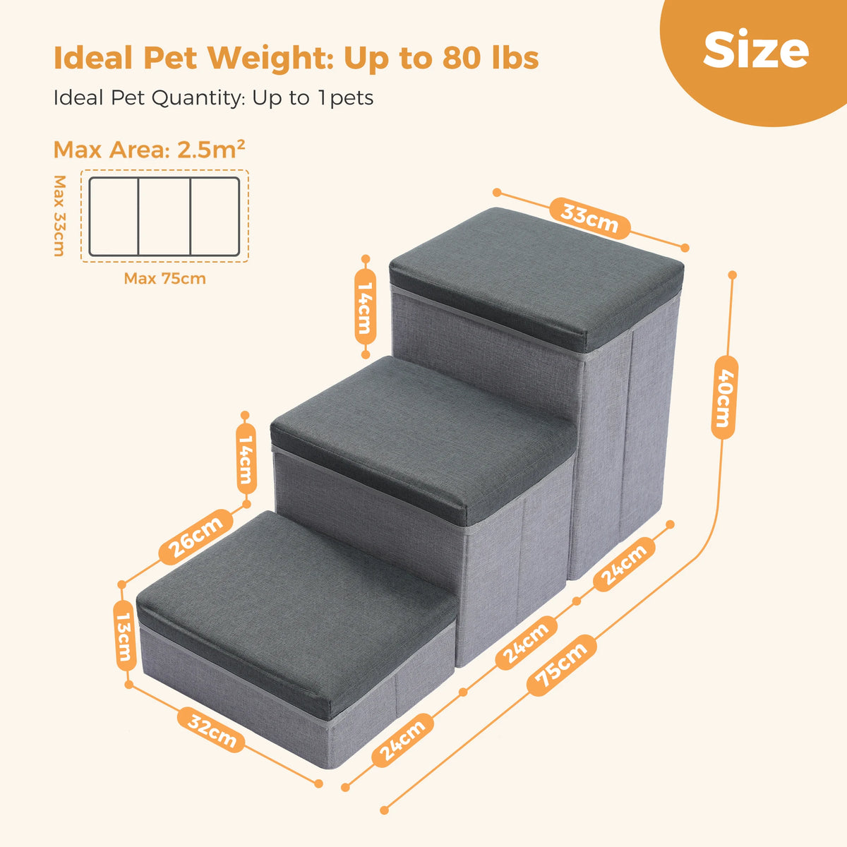 3-Tier Dog Stairs Foldable Pet Stair with Storage Box Adjustable Height Dog Steps for Small Old Dog Cat Non-Slip Pet Ramp Indoor