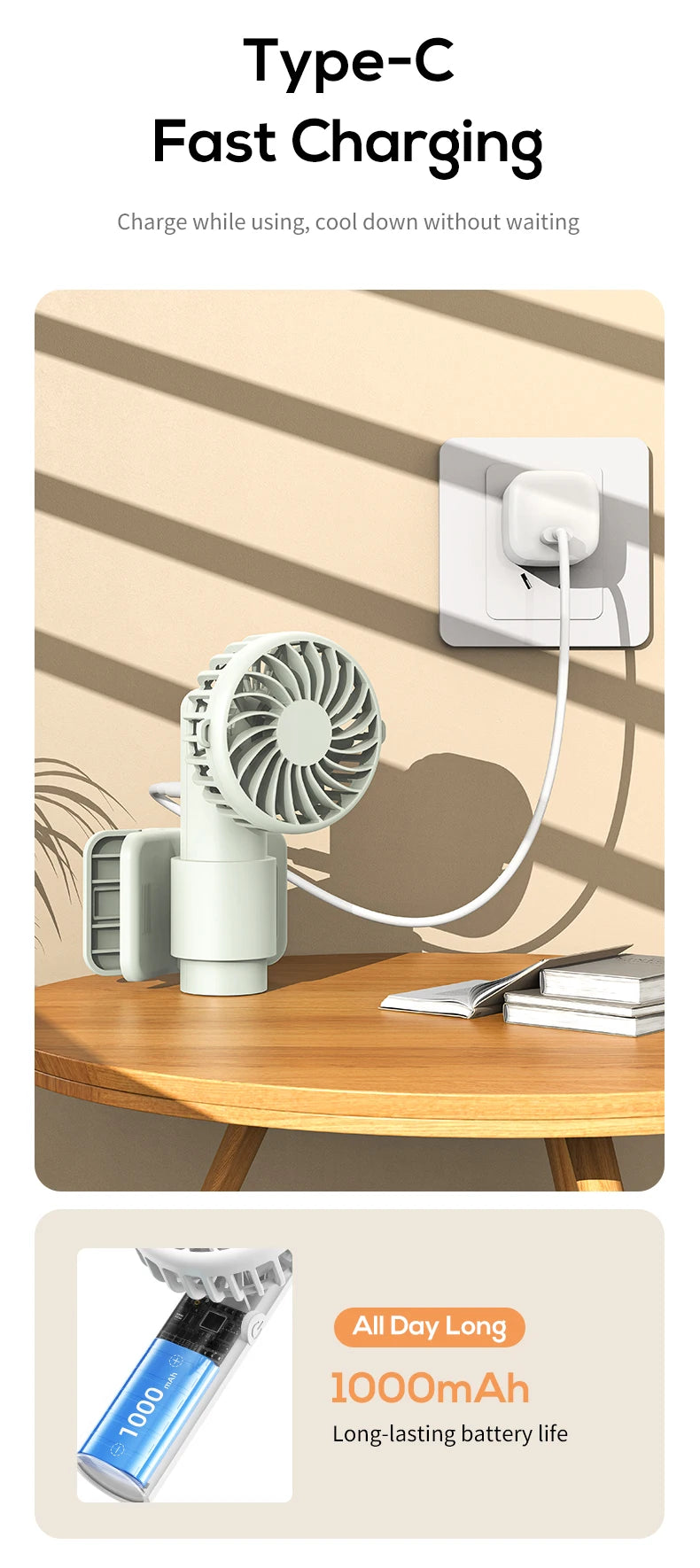 VISSKO Portable Mini Clip Fan USB Rechargeable Hand Held Fan Small Pocket Fan 3Speeds 1000mAh Multifunctional fan Ourdoor Summer