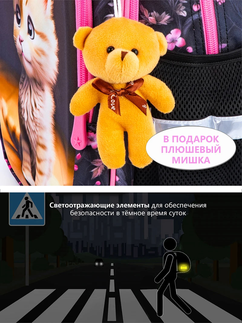 Orthopedic School Bags For Girls Cartoon Cat 3D Folded Backpacks Girl Waterproof Children School Bag Kids Mochila Escolar