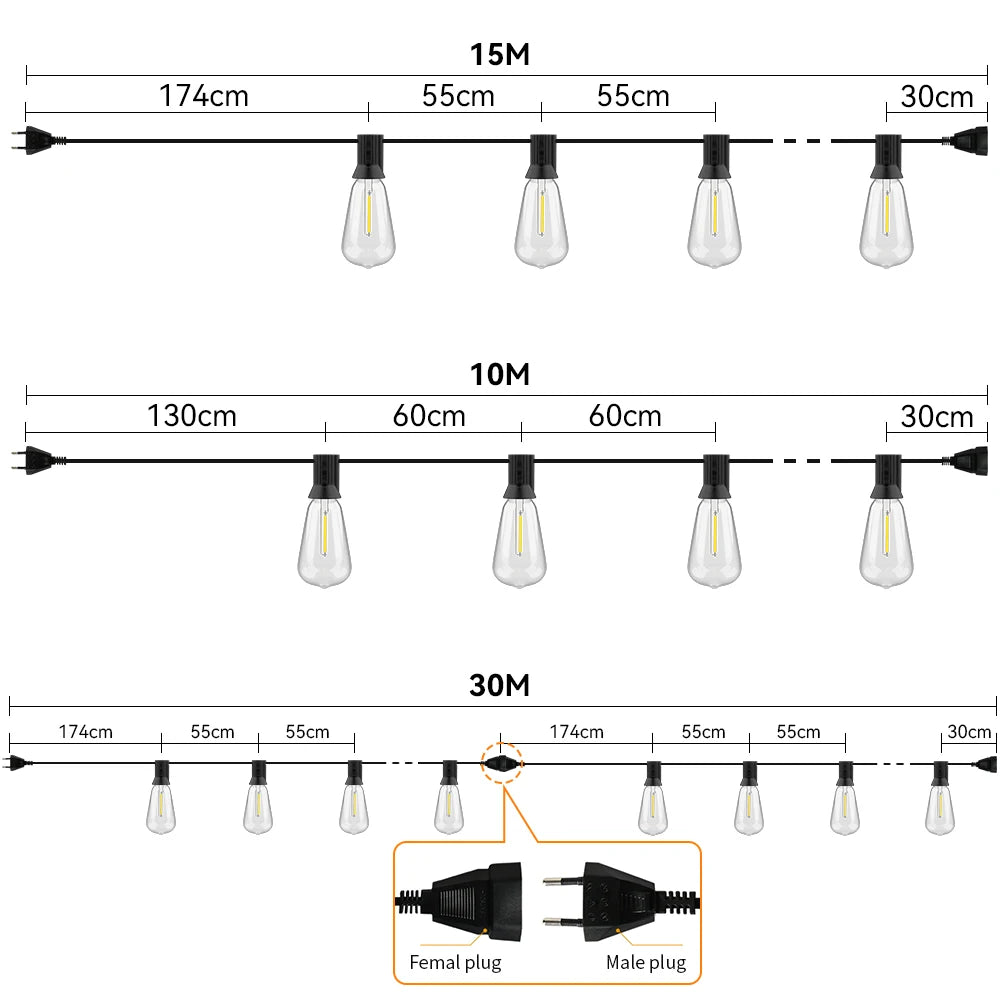 ST38 LED String Lights 10M 15M 30M Waterproof Patio Light Outdoor LED Fairy Light Wedding Decoration For Garden Cafe Backya