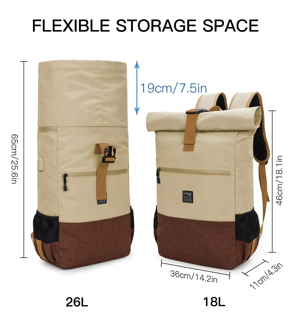 EverVanz Rolltop Backpack, Daypack With Compartment For 12 - 17 inch Laptop, Waterproof And Anti-Theft