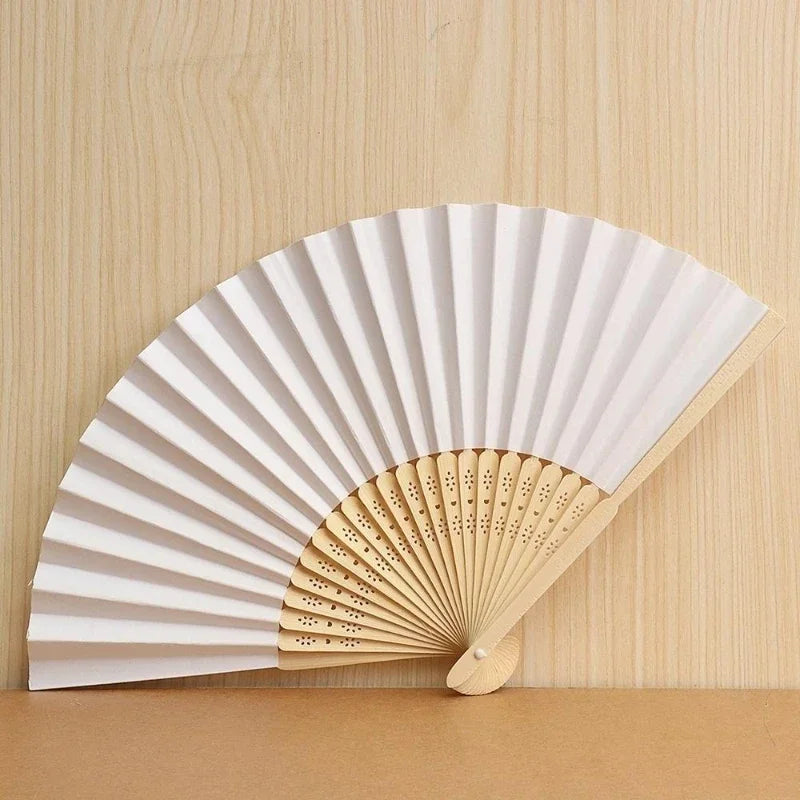 Hand Held Paper Fans White Silk Bamboo Folding Fans Handheld Folded Fan for Wedding Party DIY Decoration