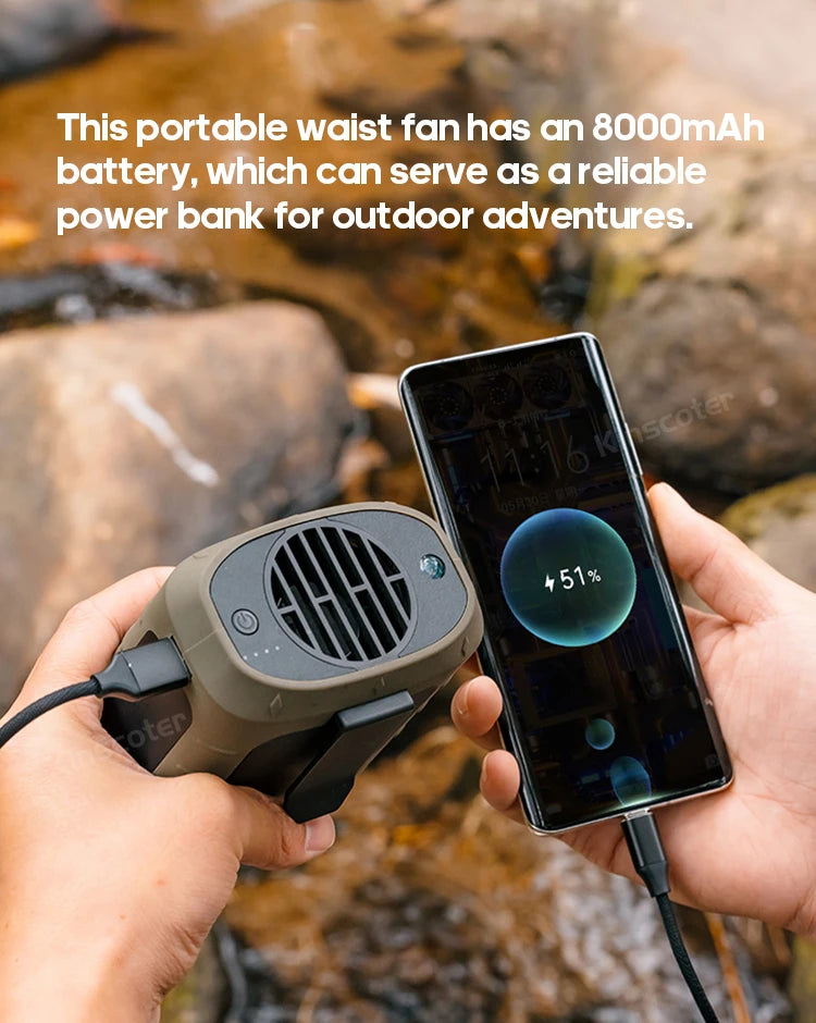 KINSCOTER Portable Outdoor Waist Fan 8000mAh LED Lighting Multifunctional Neck Fan with Power Bank for Camping Hiking Climbing