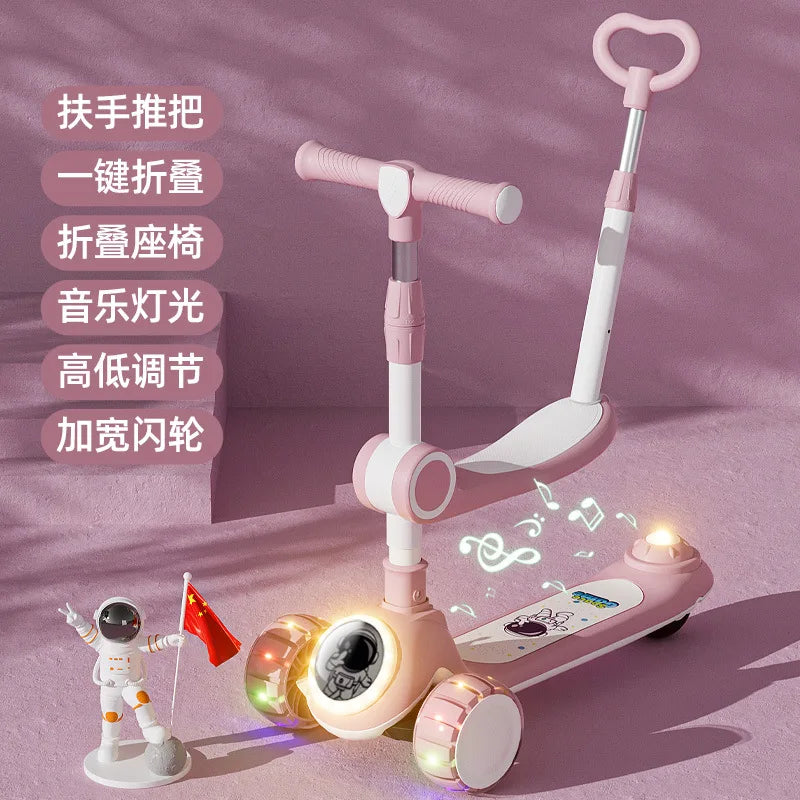 Cycling City Foldable Space Children's Scooter With Seat Push Handle Baby Toy Car Super Load-bearing Music Flash Wheel Scooter