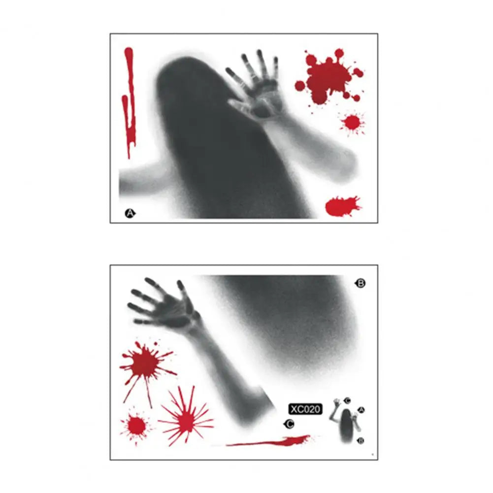 Halloween Sticker Ghost Shadow Blood Handprint Window Glass Sticker Traceless Scary Red Blood Print Window Wall Decal Decoration