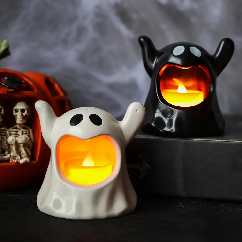 2024 New Halloween Ghost Lamp With LED Flameless Candles Decorative Halloween Party Ghosts Horror Atmosphere Props Decoration