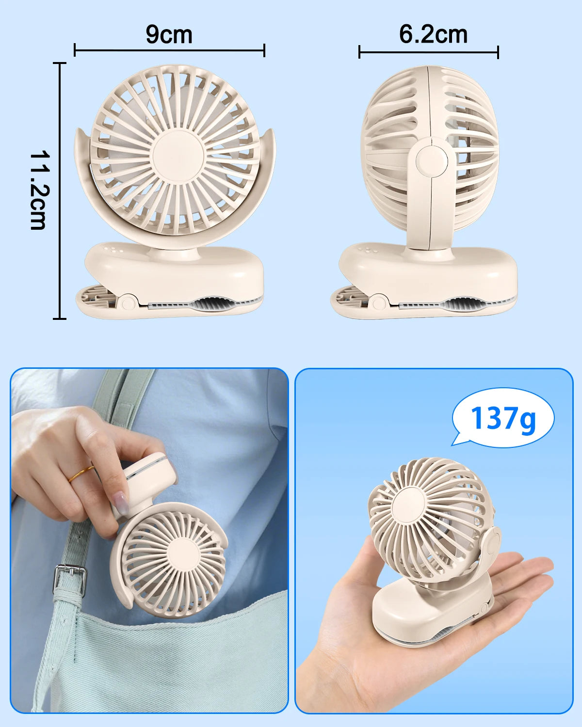 Eary Portable Clip On Fan With 2000 mAh Battery 3 Speed Wind 360° Rotate Lightweight Quiet Fan Air Cooling Fan For Outdoor Home