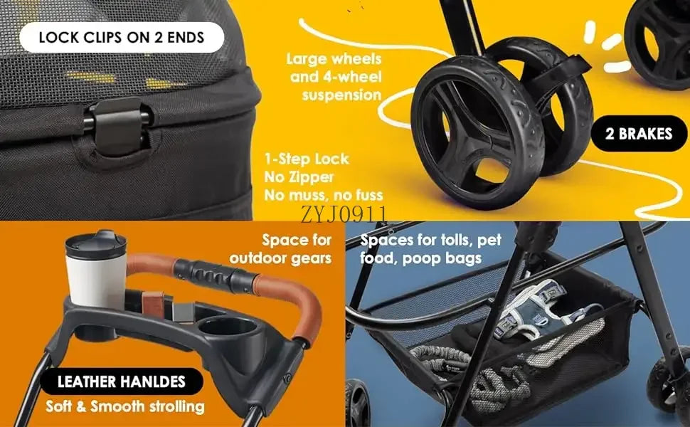 Folding 3-in-1 Dog Stroller with Removable Travel Carrier