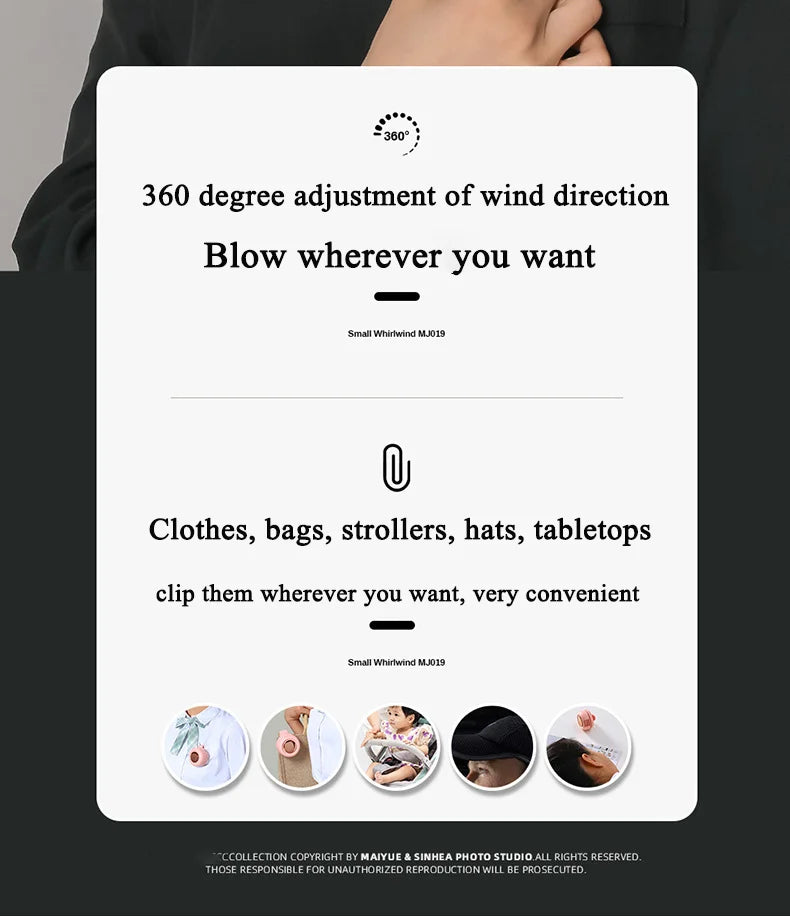 Portable Silent Mini Clip Fan Bladeless USB Fan Built-in 900mAh Battery Hanging Waist Electric Fan 3 Speeds for Outdoor Travel