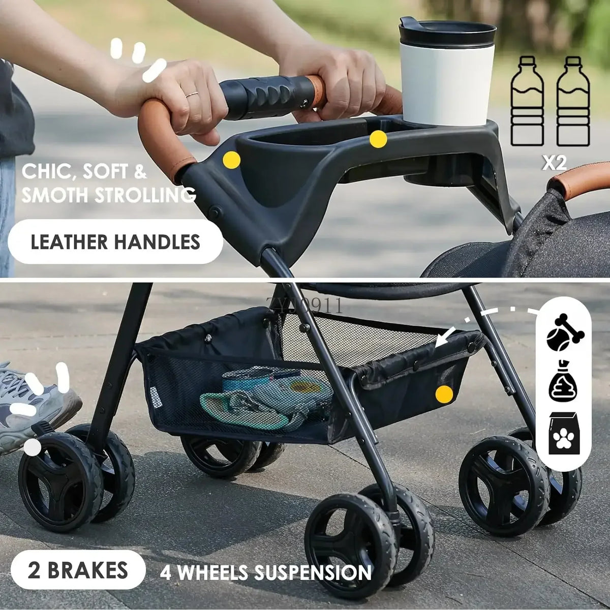 Folding 3-in-1 Dog Stroller with Removable Travel Carrier