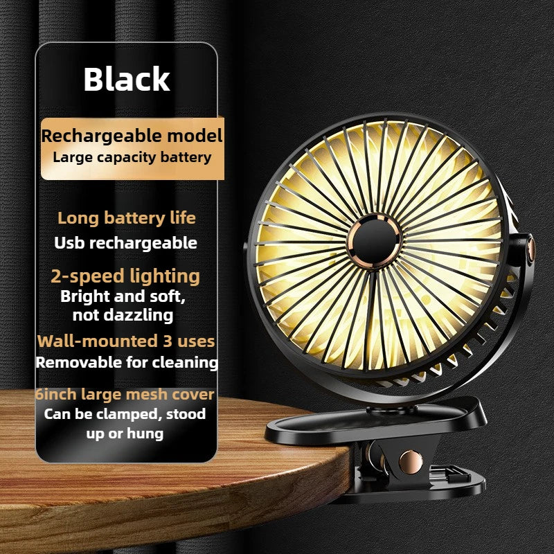 1800mAh Clip Electric Fan 5 Speed Quiet Rechargeable Desktop Portable Air Circulator Wireless Fan with LED Light Camping Fans