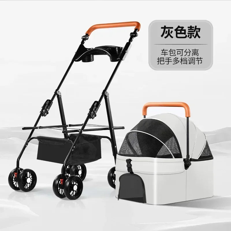 Lightweight Pet Stroller - Detachable hand carry, Breathable, with shopping basket