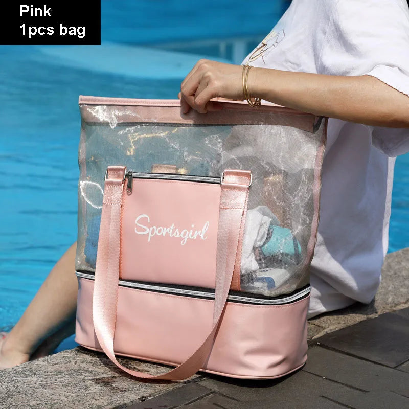 Women Swimming Bag Clear Mesh Bags Handbags Wet Dry Net Pool Beach Pouch Sac De Sport Striped Transparent Shoulder Bag XA387WA