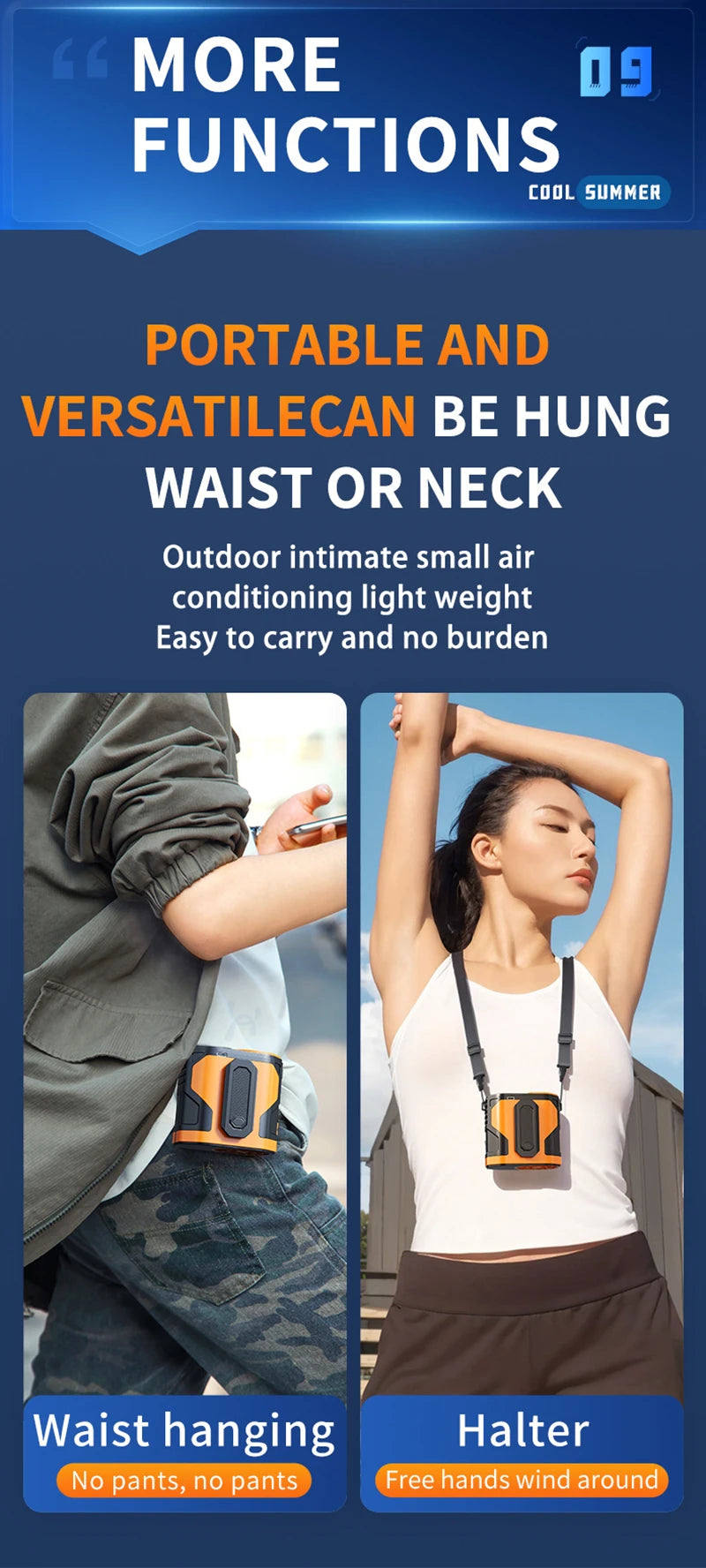 Waist-hanging Fan 100-level Adjustable Portable Waist-clip Outdoor Construction Site Cool Down USB Charging Mini Neck Fan