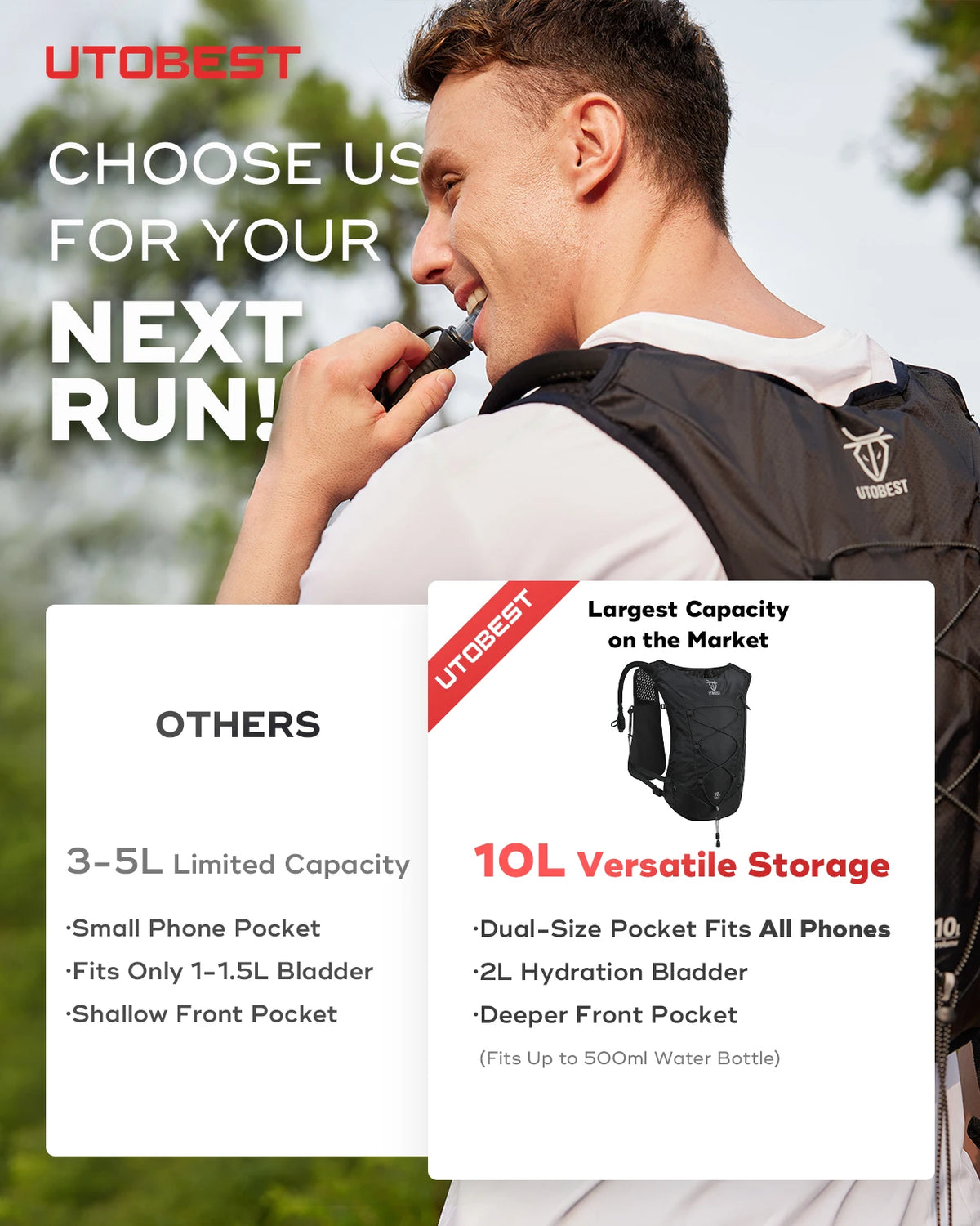 UTOBEST Trail Running Backpack 10L Ultra Lightweight Hydration Vest with 2L Water Bladder for Outdoor Hiking Cycling Marathon