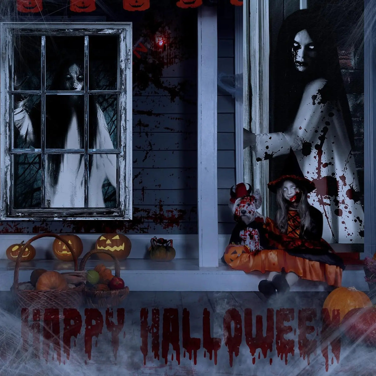 3 Pcs Halloween Window Door Female Ghost Covers Set Halloween Scary Ghost Window Curtain and Door Cover Spooky Window Silhouette