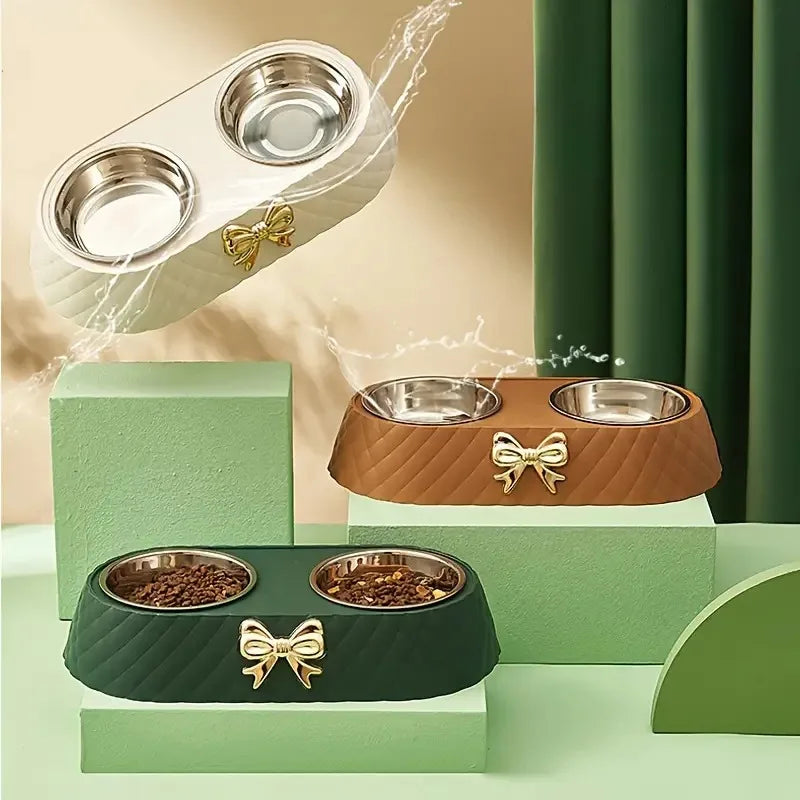 Pet Bowtie Double Bowl for Dogs and Cats - Food and Water Dish