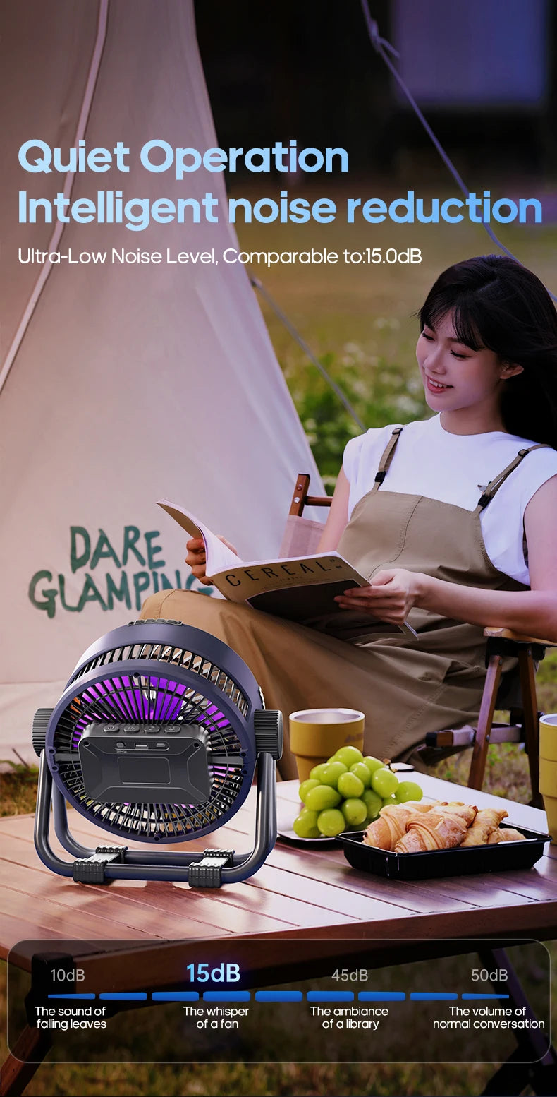 KINSCOTER 6 in 1 Camping Fan 20000mAh Rechargeable Battery Portable Outdoor Fan 4 Speed Air Circulators with Hook and LED Light