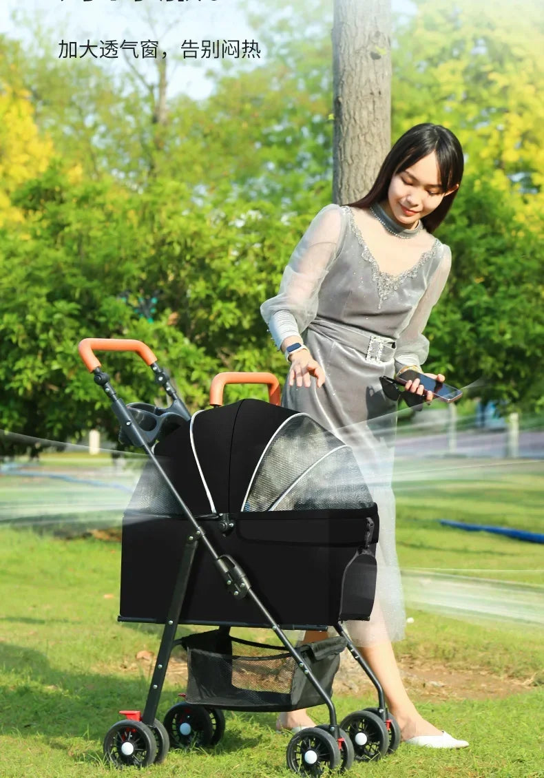 Lightweight Pet Stroller - Detachable hand carry, Breathable, with shopping basket