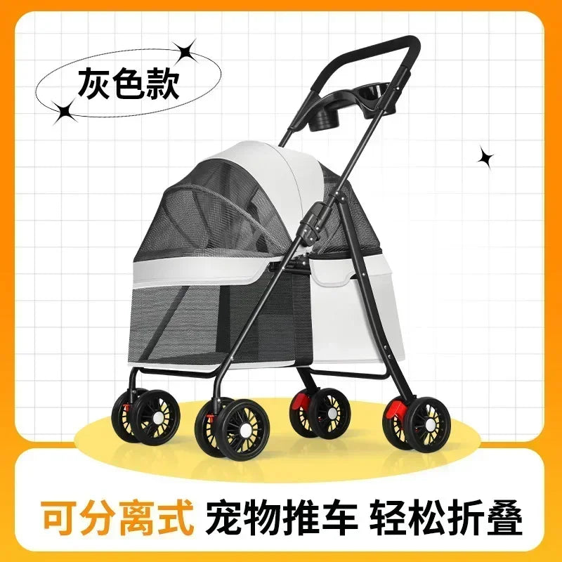 Lightweight Pet Stroller - Detachable hand carry, Breathable, with shopping basket