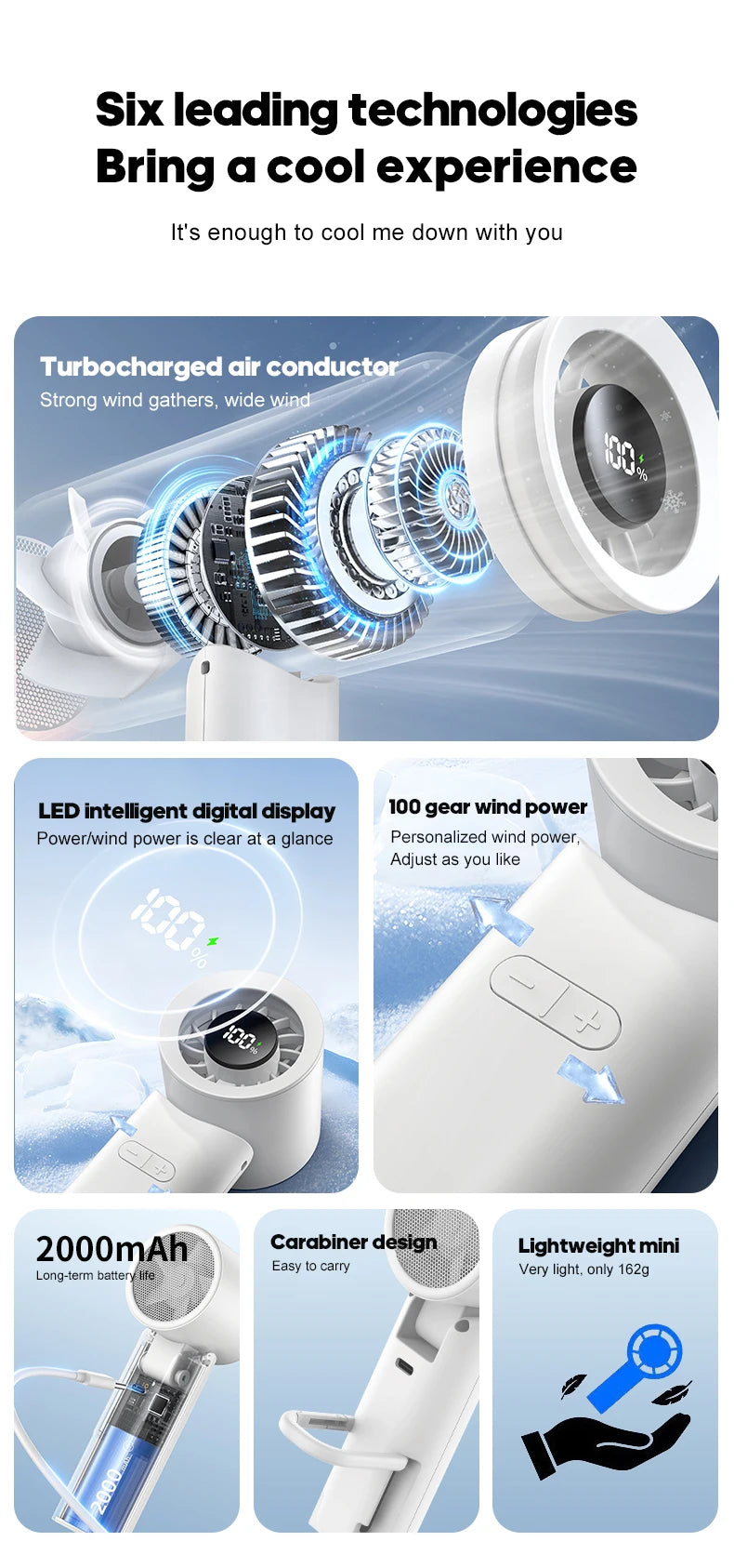 New Portable Foldable Handheld Fan 100 Speed with LED Digital Display 2000mAh Multi-angle Adjustable Turbo Fan for Home Outdoor