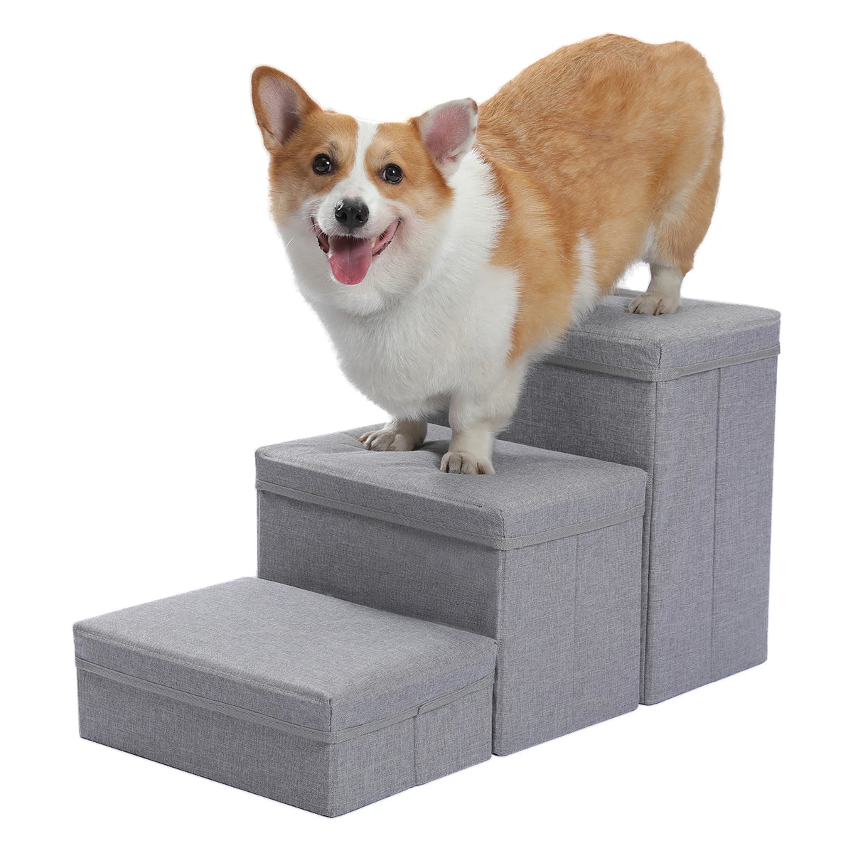 3-Tier Dog Stairs Foldable Pet Stair with Storage Box Adjustable Height Dog Steps for Small Old Dog Cat Non-Slip Pet Ramp Indoor