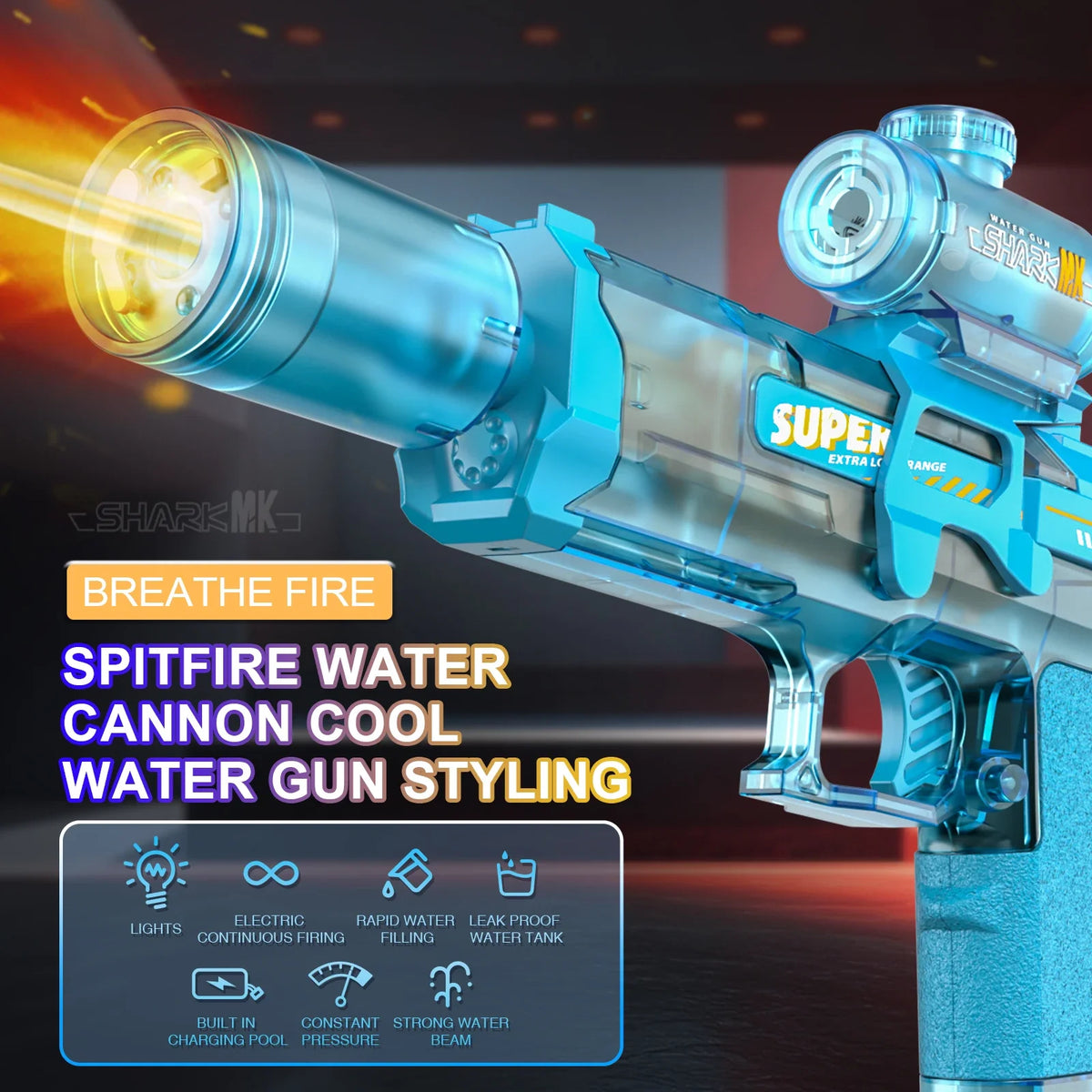 Electric Water Gun Outdoor Toys LED Light Sound Effects Flame Spray High Pressure High Speed Squirt Gun for Kids Adults Summer
