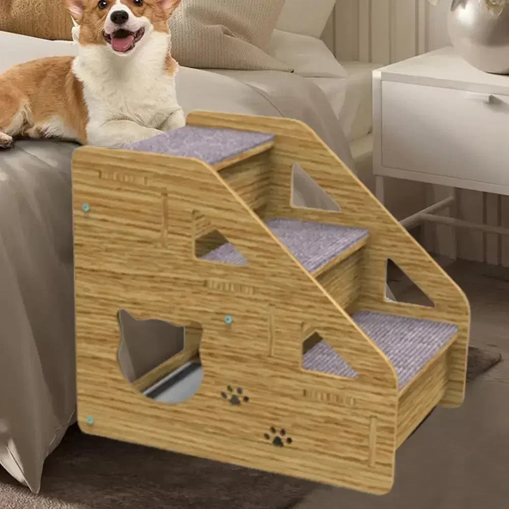 3-Tier Wooden Pet Steps with Non-Slip Surface, Perfect for Small Dogs & Cats to Access Couches and Beds Safely
