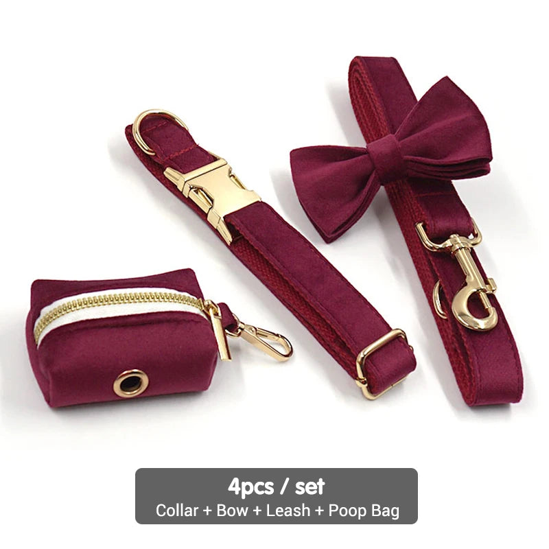 Burgundy Velvet Dog Collar Personalized Thicken Metal Buckle Pet Harness Bow Tie Collar Leash Set with Poop Bag Luxury Dog Gift
