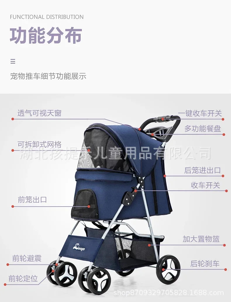 Pet Stroller with Sunroof -Foldable, lightweight, Single Handed, size S M L