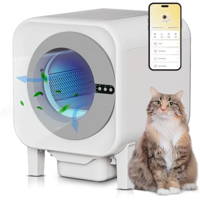 Self-Cleaning Cat Litter Box, 75L XL Capacity(48x55x61cm), WiFi APP Control, Odorless Automatic Cat Toilet with Garage Bags