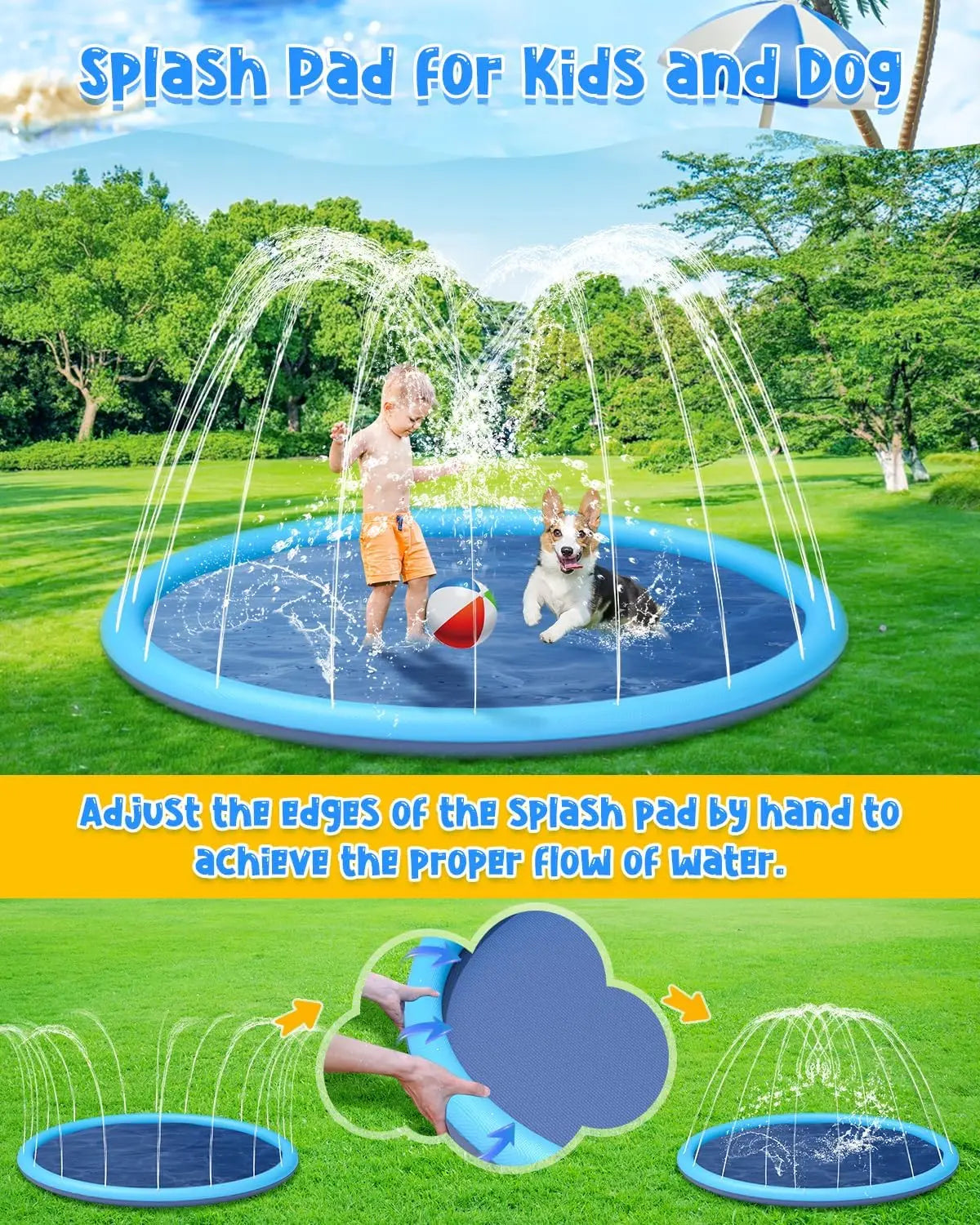 Splash Pad for Dogs Kids Outdoor Water Play Mat Sprinkler Toy Non-Slip Dog Pool Summer Backyard Fun Durable Pet Water Mat