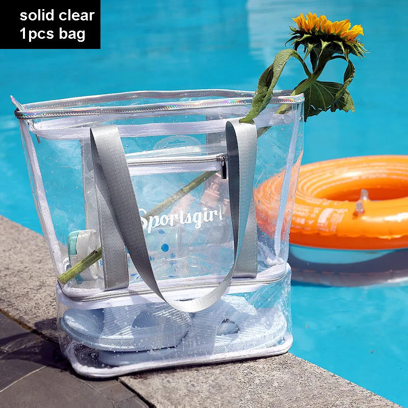 Women Swimming Bag Clear Mesh Bags Handbags Wet Dry Net Pool Beach Pouch Sac De Sport Striped Transparent Shoulder Bag XA387WA