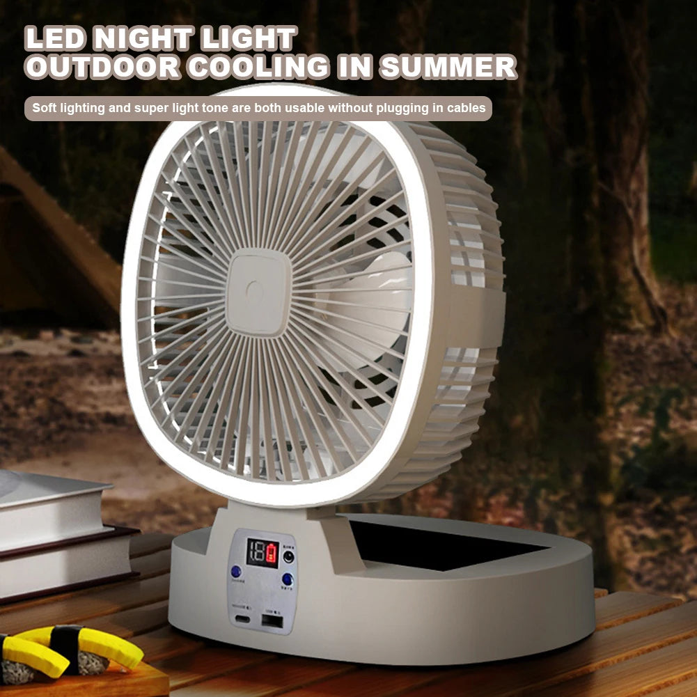 Solar Fan Portable Wireless Fold Rechargeable with Control and Lighting Power Bank Low Noise Ventilador Desktop Outdoor Camping