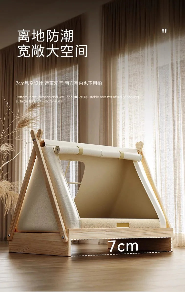Wooden Oxford Cloth Dog Bed  Elevated Moisture-Proof Tent Enclosed Safety House  All-Season  Dog Shelter with Frame Support