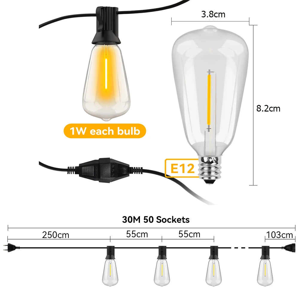 ST38 LED String Lights 10M 15M 30M Waterproof Patio Light Outdoor LED Fairy Light Wedding Decoration For Garden Cafe Backya