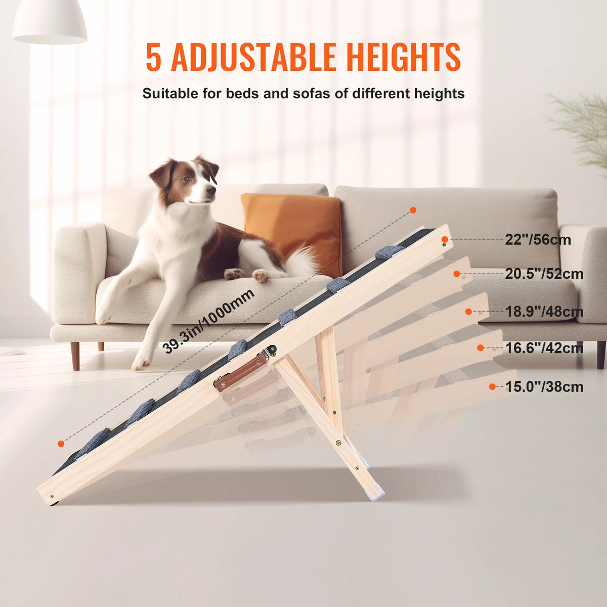 SucceBuy Dog Ramp Folding Ladder Anti-slip High Adjustable Wooden Pet Ramp Removable for Small Old Dog Climbing Stairs Sofa Car
