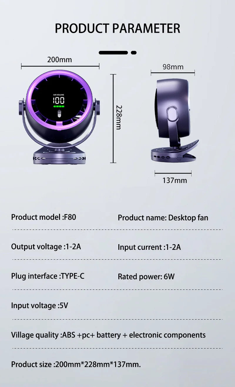 Xiaomi Digital Display Fan Desktop Remote Control 720°Rotation Type-C Rechargeable Electric Fans Portable Wall Hanging With Clip