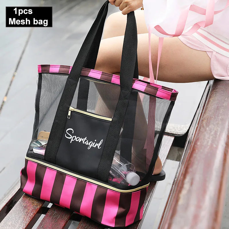 Women Swimming Bag Clear Mesh Bags Handbags Wet Dry Net Pool Beach Pouch Sac De Sport Striped Transparent Shoulder Bag XA387WA