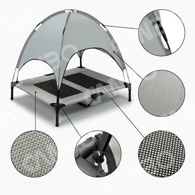 ‌Elevated Outdoor Pet Cot for Large Dogs, Heavy-Duty Frame Summer Camping Bed, Detachable Sunshade Canopy & Portable Dog Tent