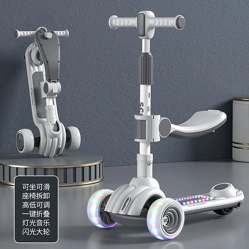 Children's Scooter Can Sit, Ride and Slide Three-in-One Foldable Scooter for Boys and Girls Kick Foot Scooter