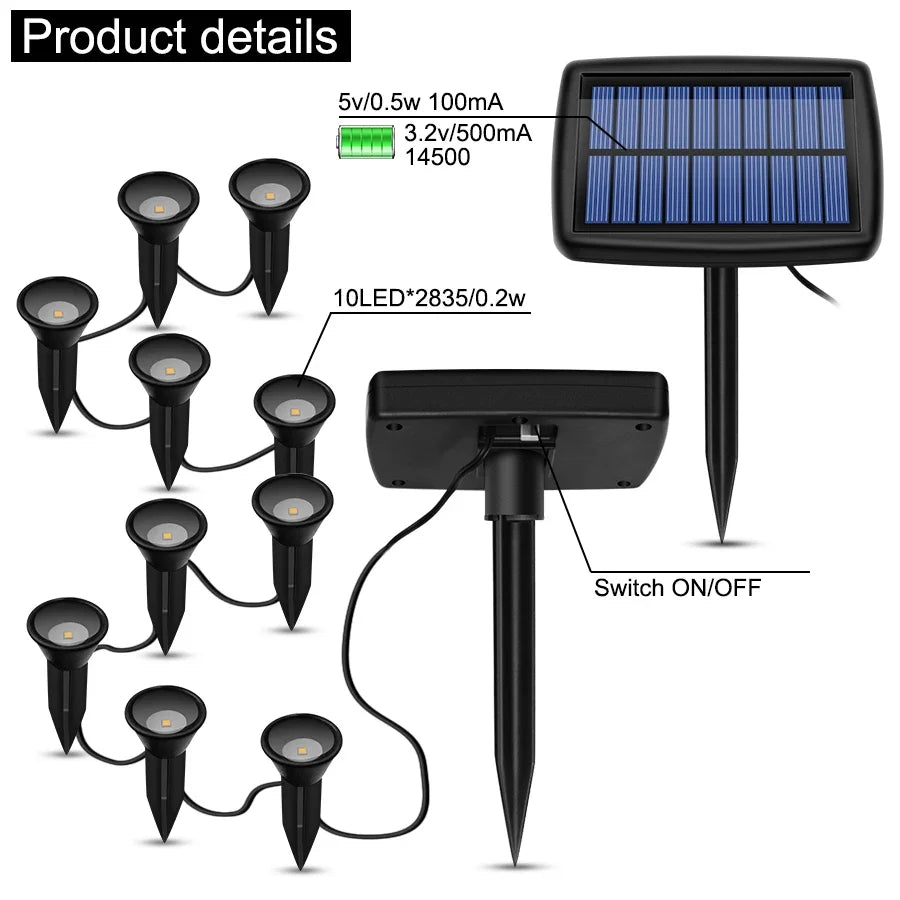 10-in-1 solar floor lamp outdoor waterproof solar garden lamp walkway, driveway decorative landscape lighting