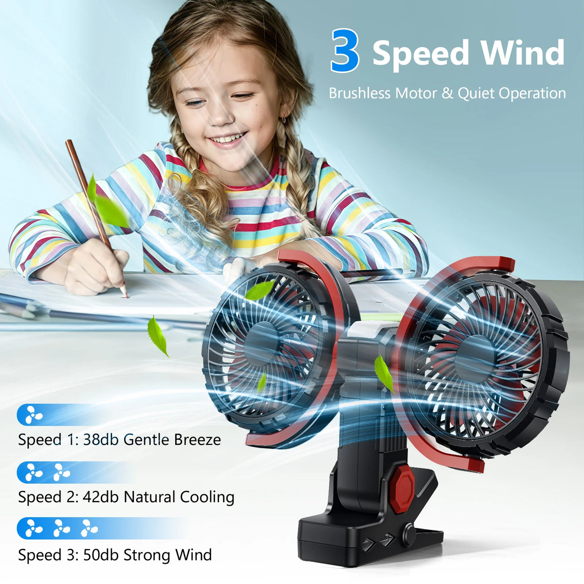 Eary Summer Clip Dual Head Fan 4000mAh 3 Wind Speeds 2 Light Modes USB Rechargeable With 360° Rotatable Desktop Air Cooling Fan