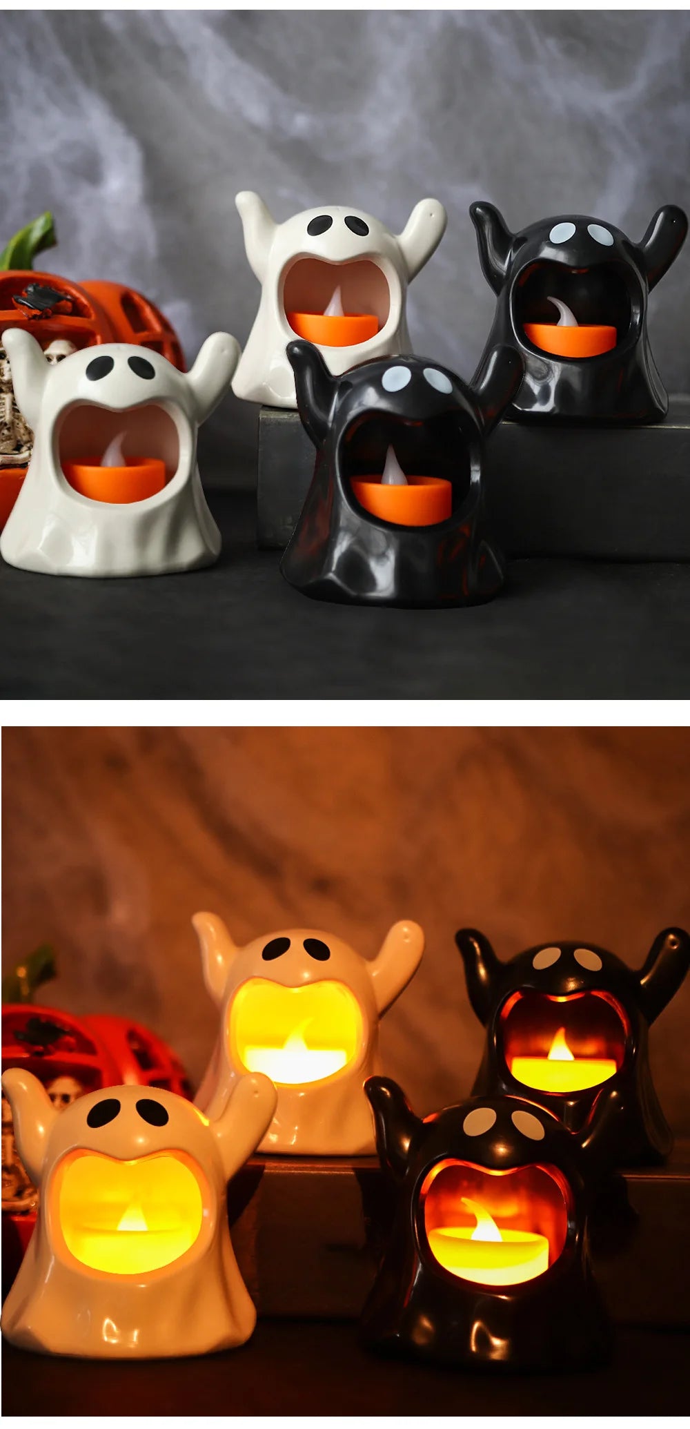 2024 New Halloween Ghost Lamp With LED Flameless Candles Decorative Halloween Party Ghosts Horror Atmosphere Props Decoration