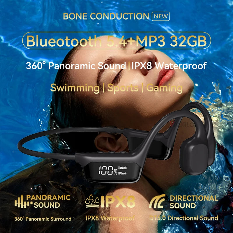 #IPX8 Waterproof Bone Conduction Wireless Headphone Bluetooth 5.4+32GB RAM MP3 Player HIFI Music Sport Swimming Headset with Mic