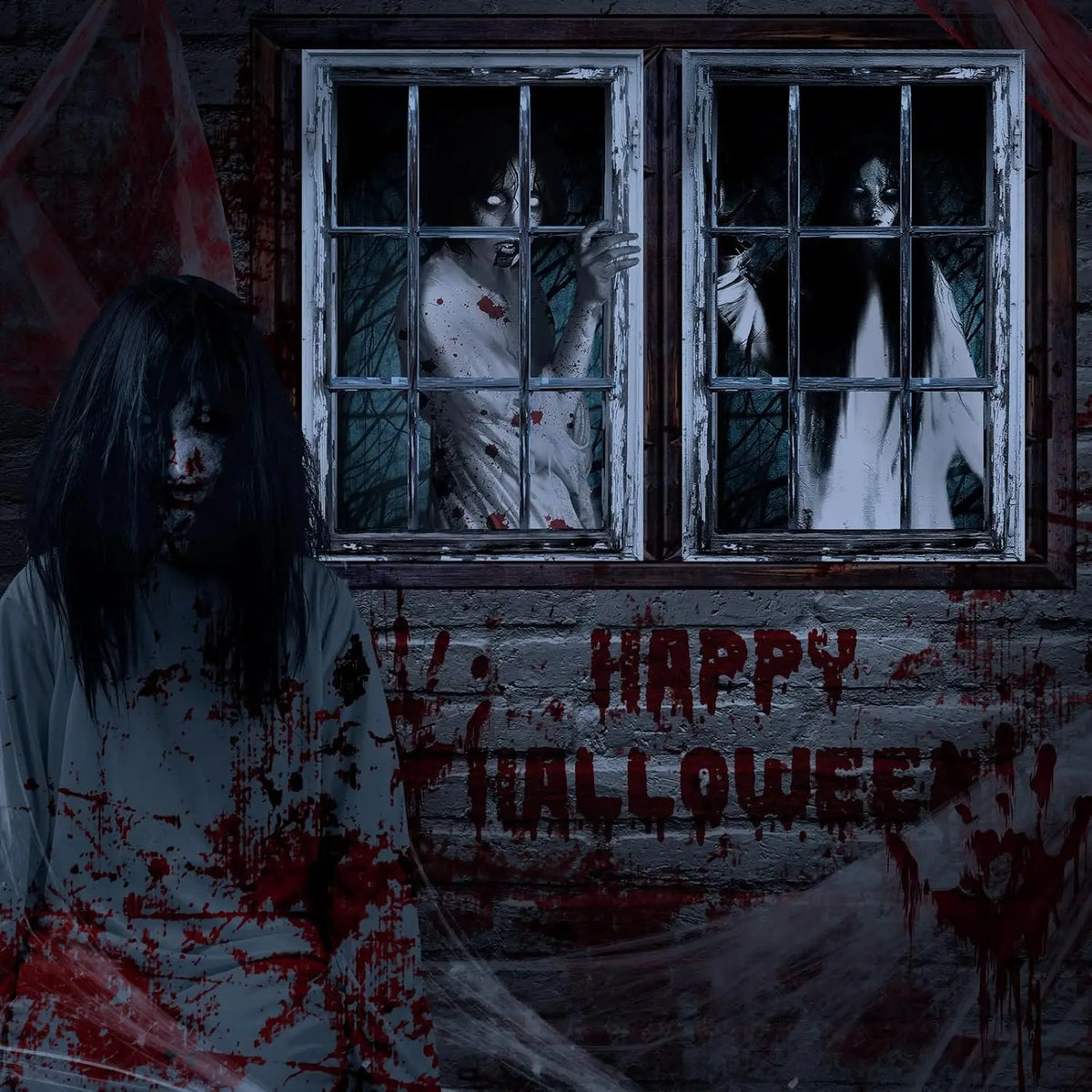 3 Pcs Halloween Window Door Female Ghost Covers Set Halloween Scary Ghost Window Curtain and Door Cover Spooky Window Silhouette
